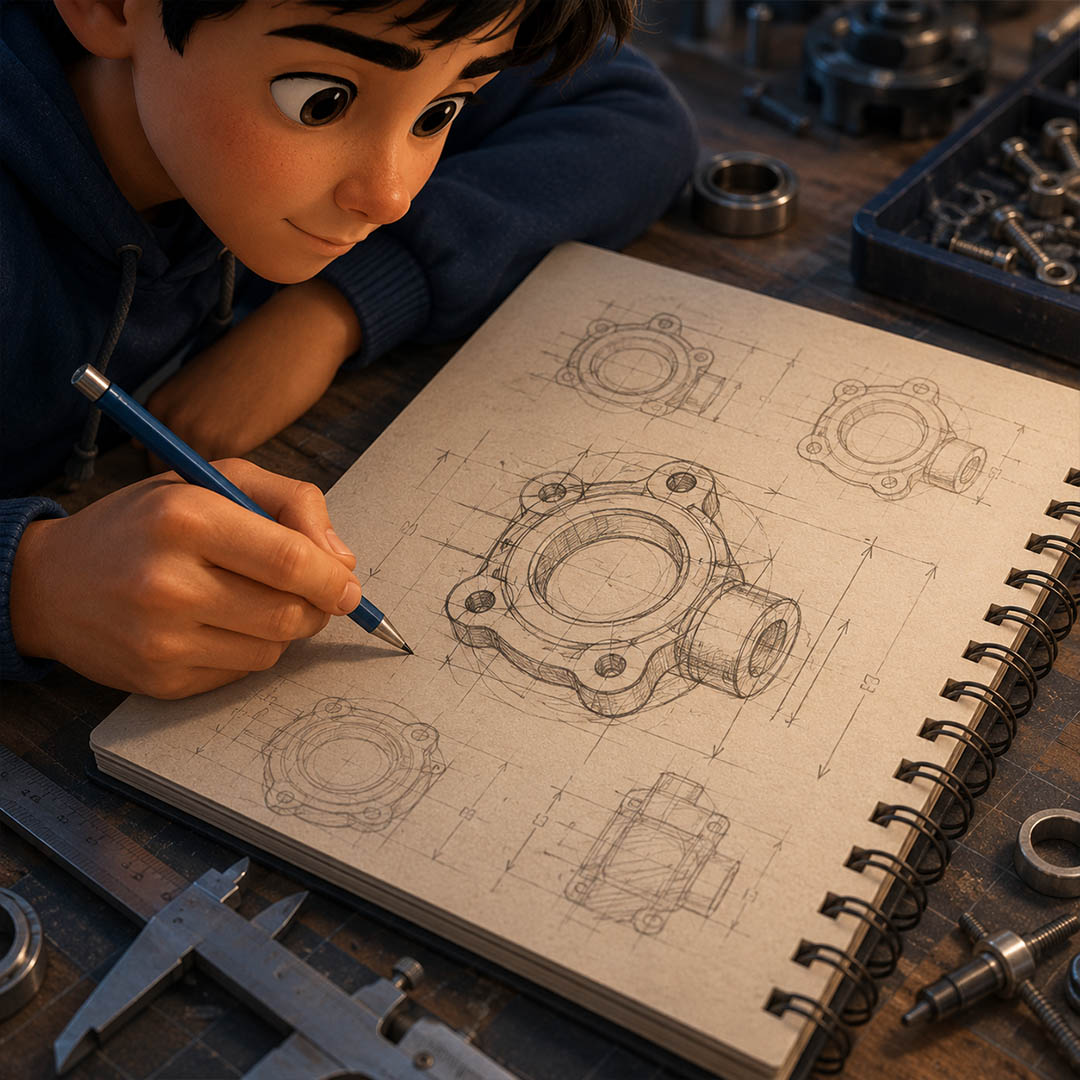 Boceto técnico inicial de una pieza industrial